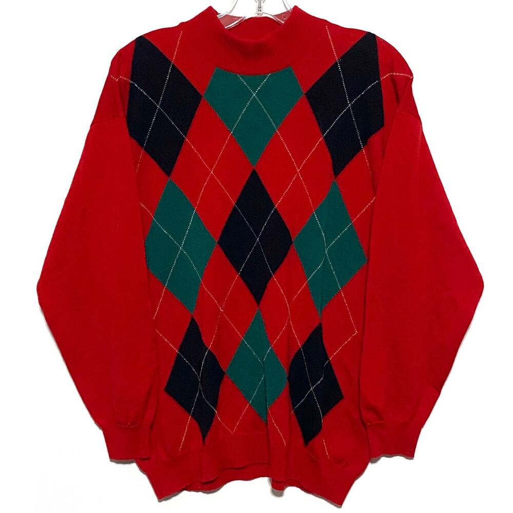 Straven England Red Argyle Diamond Sweater Womens XL Merino Wool Preppy Academia